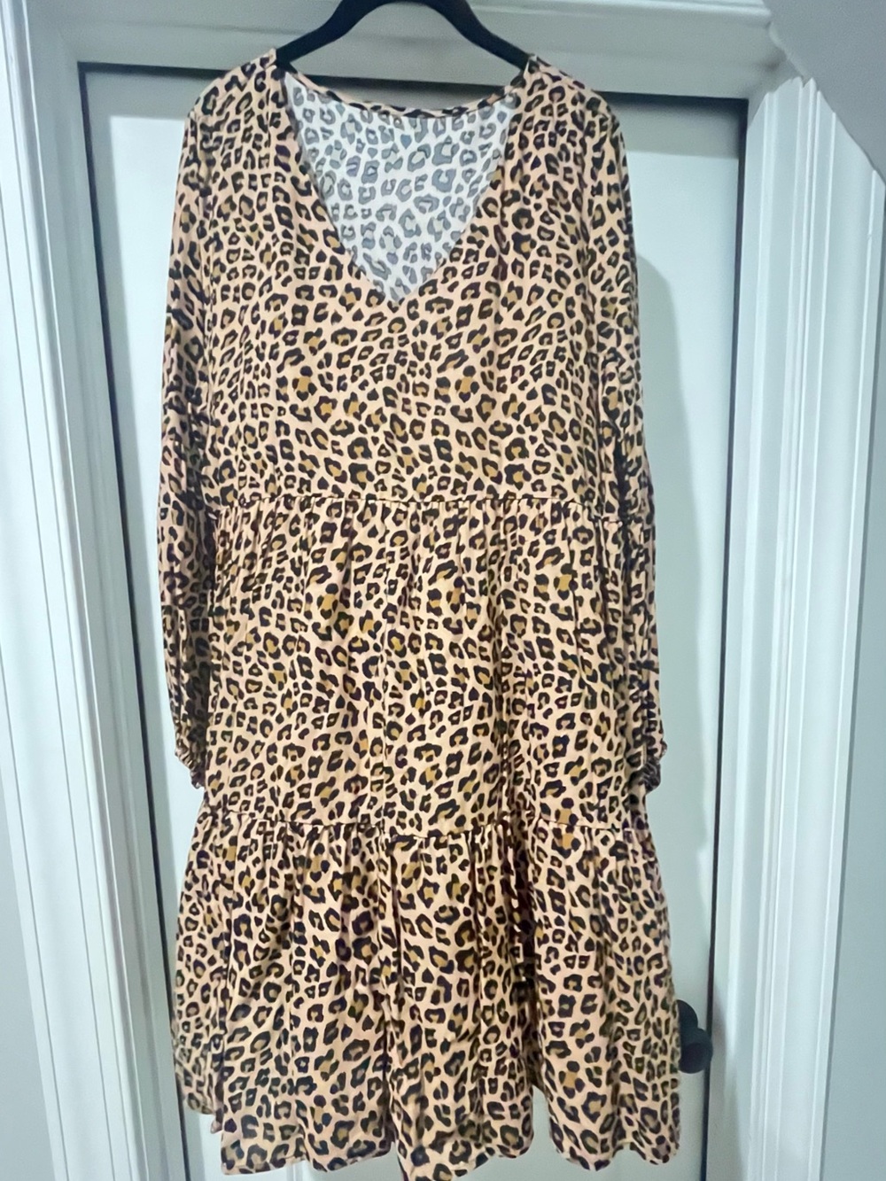 Leopard Print V-Neck Tiered Dress - Tan & Black